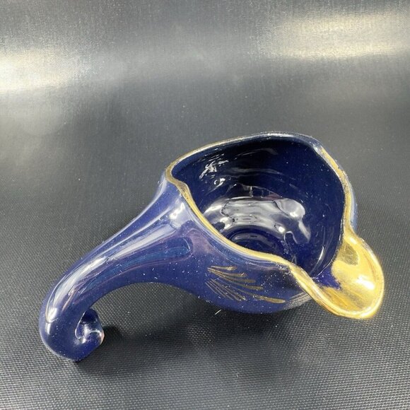 Vintage Pottery RedWare Pitcher Gravy Boat W Handle Hand Painted Cobalt Blue VTG - Picture 14 of 15